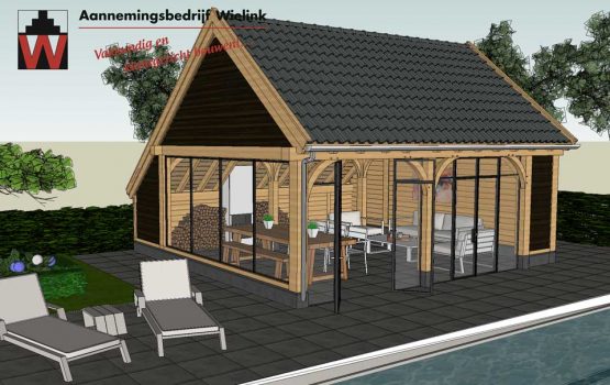 eiken kapschuur met pen-en-gatverbinding die wordt gebruikt als poolhouse