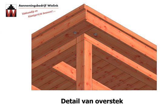 detail van moderne eiken overkapping zonder schoren en strakke overstek