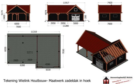 Douglas schuur met overkapping hoekmodel - Houten schuur in hoek met carport - Wielink Houtbouw