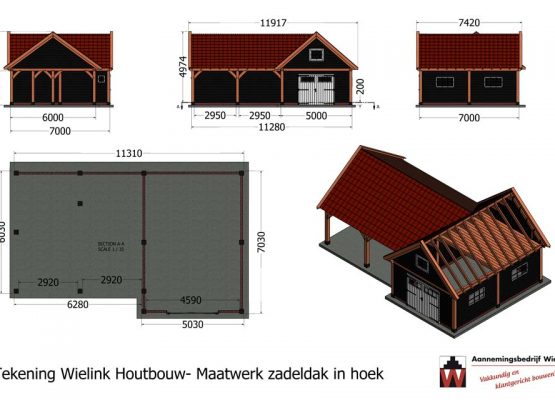 Douglas schuur met overkapping hoekmodel - Houten schuur in hoek met carport - Wielink Houtbouw