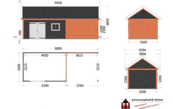 Wielink houtbouw - Houten schuur met overkapping en zolder - Overkapping met berging zadeldak of puntdak