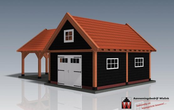 Douglas schuur met overkapping hoekmodel - Houten schuur in hoek met carport - Wielink Houtbouw