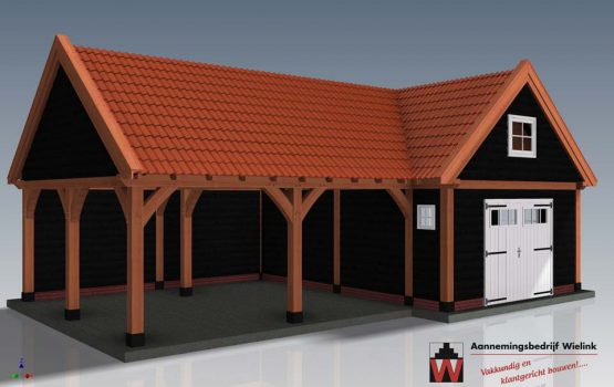 Douglas schuur met overkapping hoekmodel - Houten schuur in hoek met carport - Wielink Houtbouw