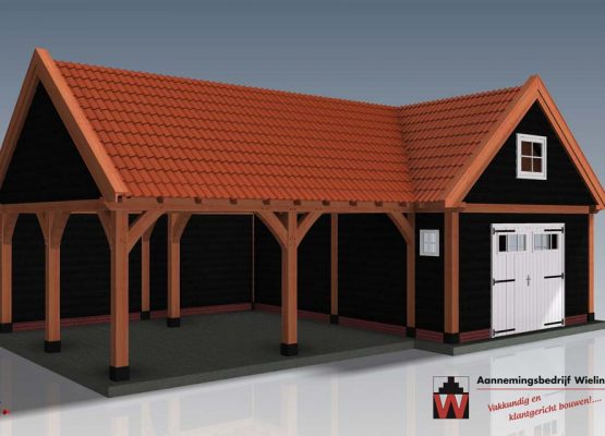 Douglas schuur met overkapping hoekmodel - Houten schuur in hoek met carport - Wielink Houtbouw