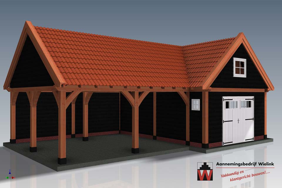 Douglas schuur met overkapping hoekmodel - Houten schuur in hoek met carport - Wielink Houtbouw