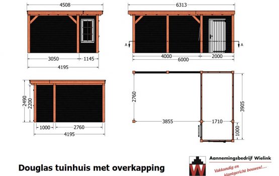 Douglas overkapping met tuinhuis hoekmodel - schuur met overkapping in hoek - zelf bouwpakket - bouwtekening