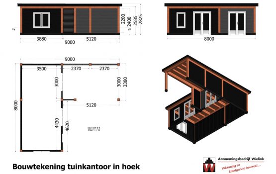 Douglas tuinkantoor in hoekmodel - Hoekmodel tuinhuis met overkapping douglas