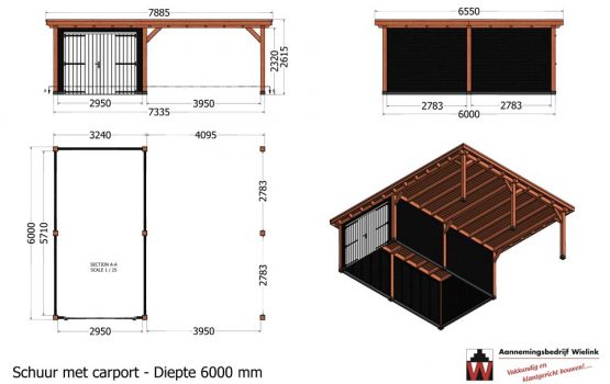 bouwtekening van schuur met carport laten bouwen - Houten carport met schuur op maat - maatwerk carport bouwen - Wielink Houtbouw